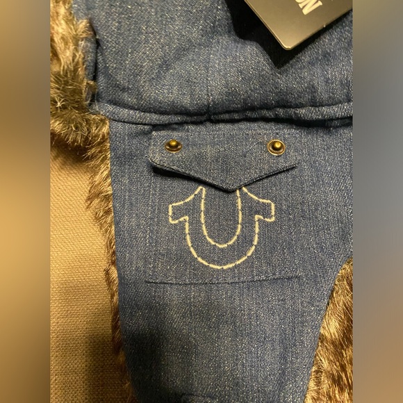 True Religion Trapper Hat Blue Denim Faux Fur Horseshoe Pockets Chin Strap NWT - Picture 3 of 15